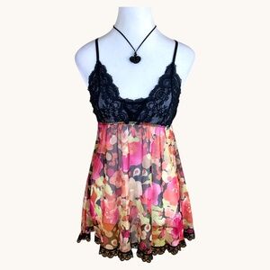 Hanky Panky Slip Dress Lingerie Babydoll Black Lace Bright Floral (M)